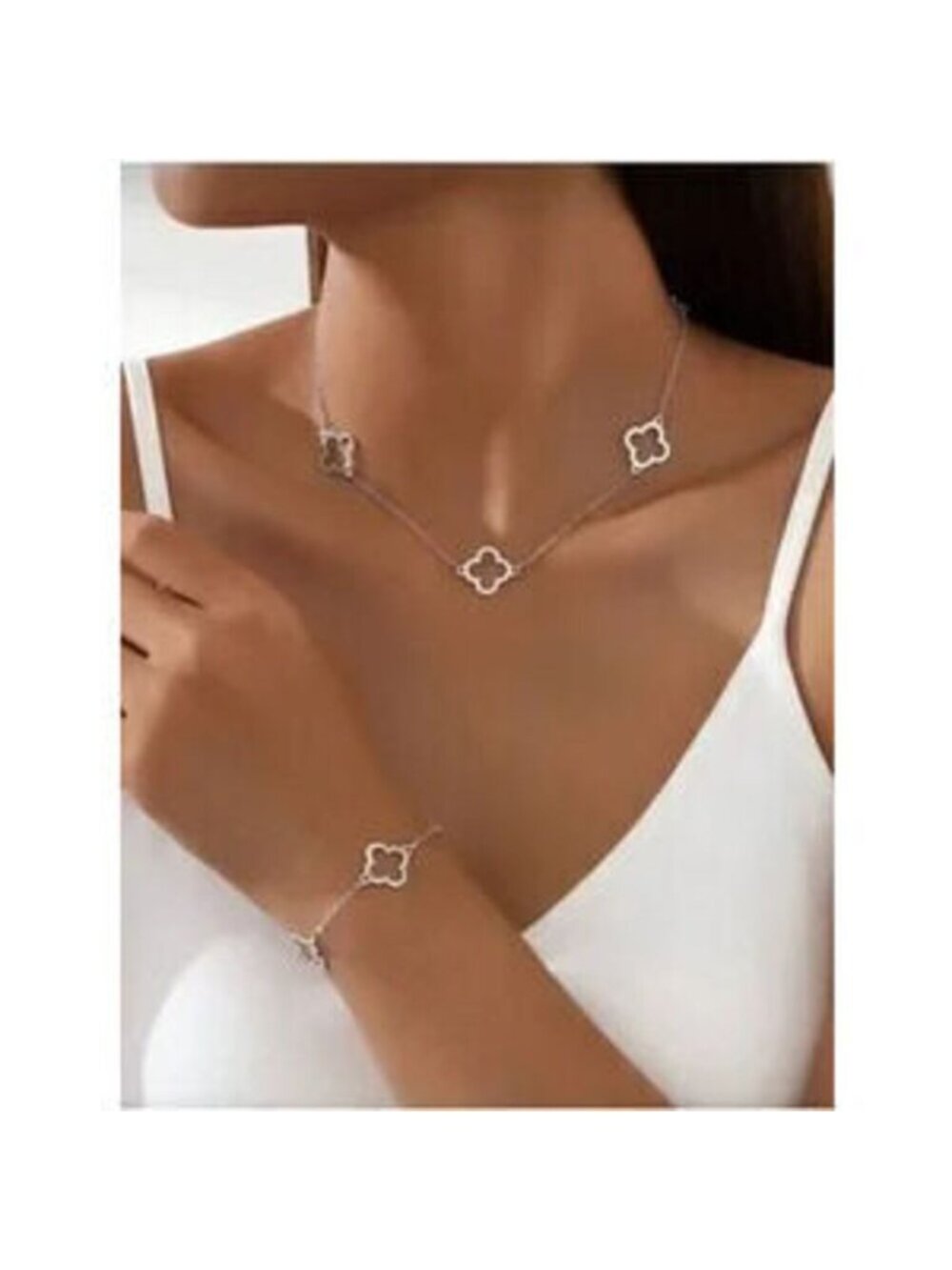 Silver 2pc Clover Necklace & Bracelet Set Gift Dainty